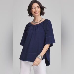 NWT Chico’s Dark Wash Denim Stretch Convertible Popover Swing 3/4 Sleeve Top